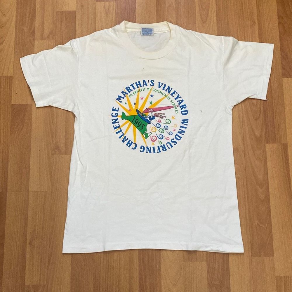 Vintage 1995 Hanes Beefy T Shirt White Marthas Vineyard Wind Surfing Made USA
